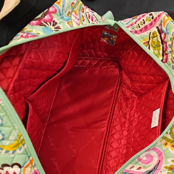 Vera Bradley Large Green, Pink Paisley Tutti Frutti Quilted Weekender Duffle Bag - Picture 9 of 10